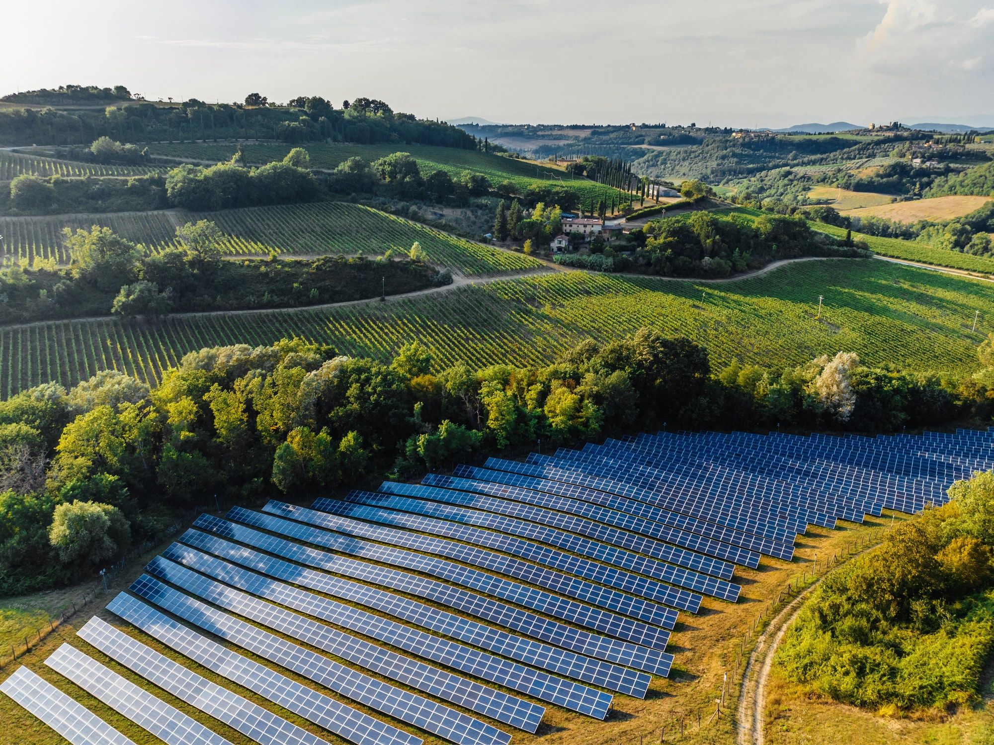 Solar panels providing green energy in rural landscape